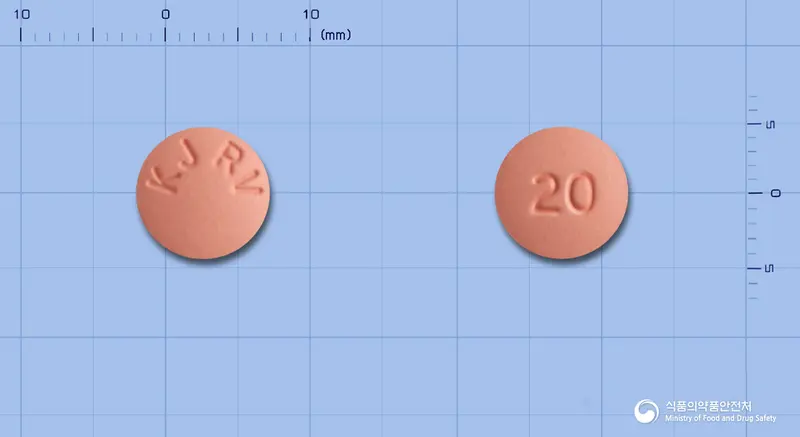 크레로바정20밀리그램(로수바스타틴칼슘) 앞뒤 사진 (분홍색 원형, 각인 KJ RV / 20)