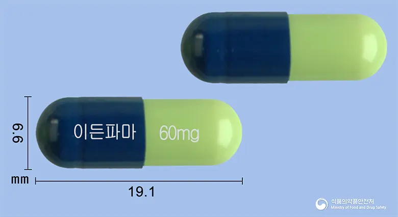 둘로틴캡슐60밀리그램(둘록세틴염산염) 앞뒤 사진 (파란색 캡슐, 각인 이든파마 60mg)