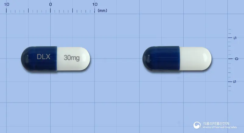 둘세린캡슐30밀리그램(둘록세틴염산염) 앞뒤 사진 (파란색 캡슐, 각인 DLX 30mg)