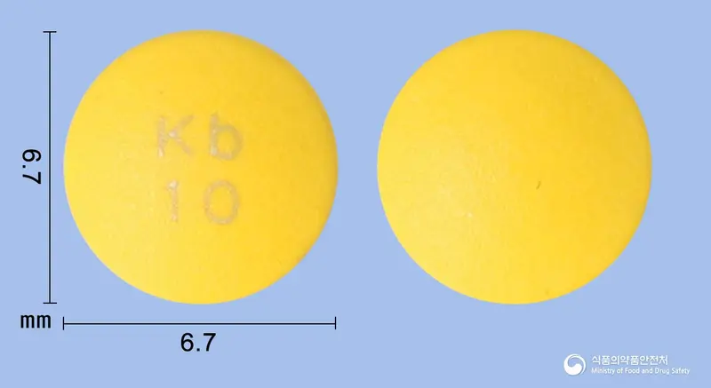 경보라베프라졸정10mg(라베프라졸나트륨) 앞뒤 사진 (노란색 원형, 각인 Kb10)