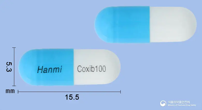콕시브캡슐100밀리그램(세레콕시브) 앞뒤 사진 (파란색 캡슐, 각인 Hanmi Coxib100)