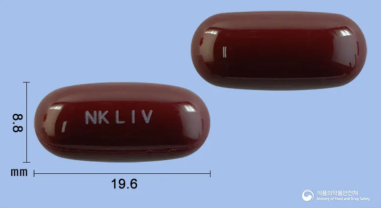 리버에이연질캡슐350mg(밀크시슬열매건조엑스) 앞뒤 사진 (갈색 캡슐, 각인 NK LIV)