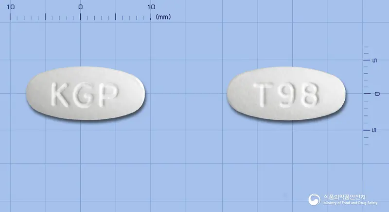 글로실린정375mg 앞뒤 사진 (흰색 타원형, 각인 KGP / T98)