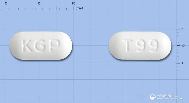 글로실린정625mg 앞뒤 사진 (흰색 장방형, 각인 KGP / T99)