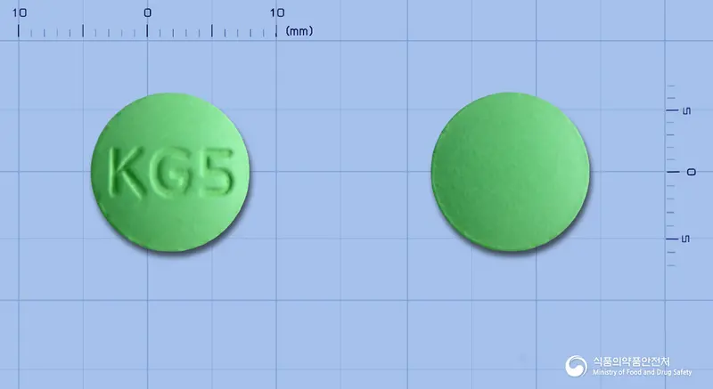 치옥타드정200mg(티옥트산) 앞뒤 사진 (연두색 원형, 각인 KG5)