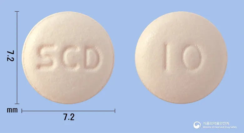 베시민정10mg(솔리페나신숙신산염) 앞뒤 사진 (분홍색 원형, 각인 SCD / 10)