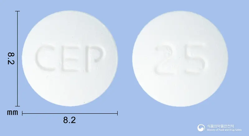 셀티스파모티딘정20밀리그램(파모티딘) 앞뒤 사진 (흰색 원형, 각인 CEP / 25)