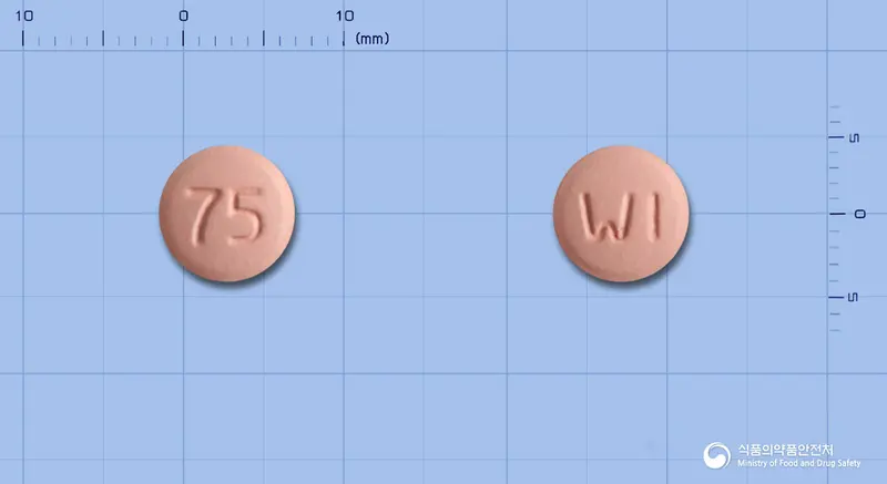 클로피오정(클로피도그렐황산염) 앞뒤 사진 (분홍색 원형, 각인 75 / WI)