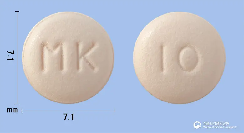 유로테라정10밀리그램(솔리페나신숙신산염) 앞뒤 사진 (분홍색 원형, 각인 MK / 10)