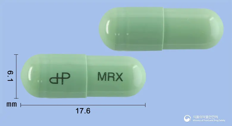 모렉셀캡슐7.5밀리그램(멜록시캄) 앞뒤 사진 (연두색 캡슐, 각인 MRX)
