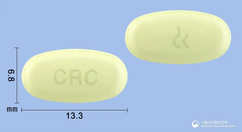 클리로신정250mg(클래리트로마이신) 앞뒤 사진 (연두색 타원형, 각인 CRC)