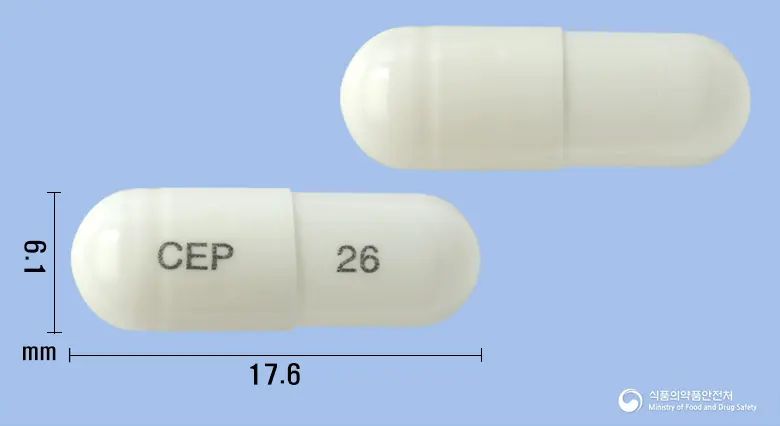 셀티브캡슐200밀리그램(세레콕시브) 앞뒤 사진 (흰색 캡슐, 각인 CEP 26)