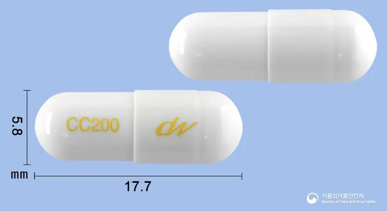 쎌레브캡슐200밀리그램(세레콕시브) 앞뒤 사진 (흰색 캡슐, 각인 CC200)