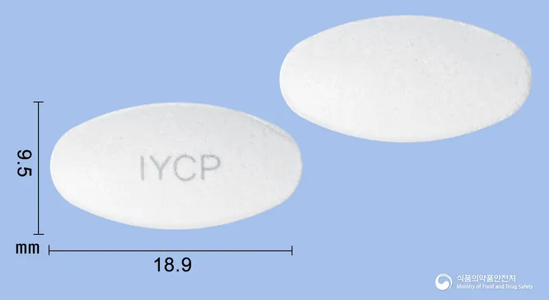 필콘정(폴리카르보필칼슘) 앞뒤 사진 (흰색 타원형, 각인 IYCP)