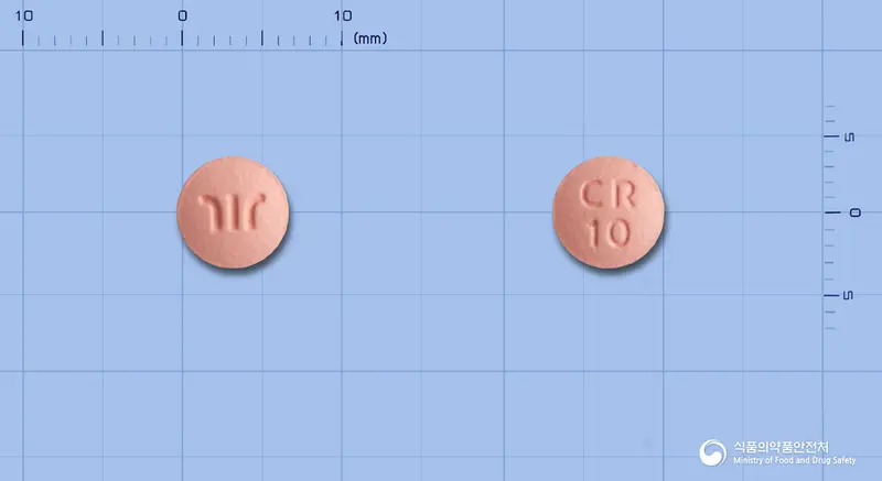 부광로수바스타틴칼슘정10밀리그램 앞뒤 사진 (분홍색 원형, 각인 CR10)