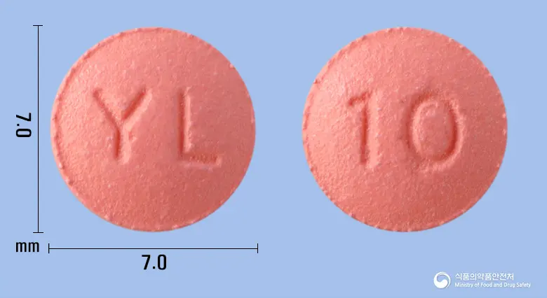 크레바틴정10밀리그램(로수바스타틴칼슘) 앞뒤 사진 (분홍색 원형, 각인 YL / 10)