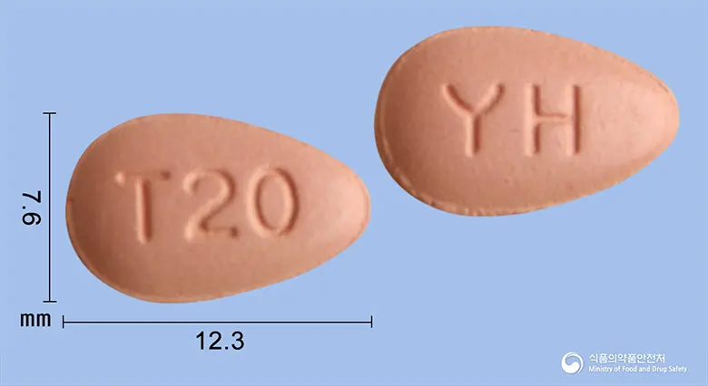 타다포스정20mg(타다라필) 앞뒤 사진 (분홍색 기타, 각인 T20 / YH)