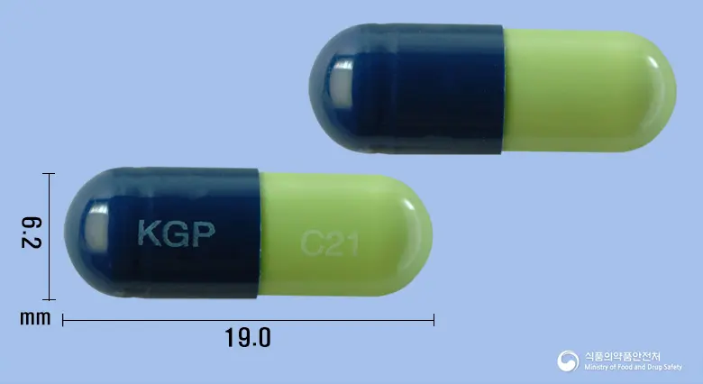 둘세틴캡슐60밀리그램(둘록세틴염산염) 앞뒤 사진 (파란색 캡슐, 각인 KGP C21)