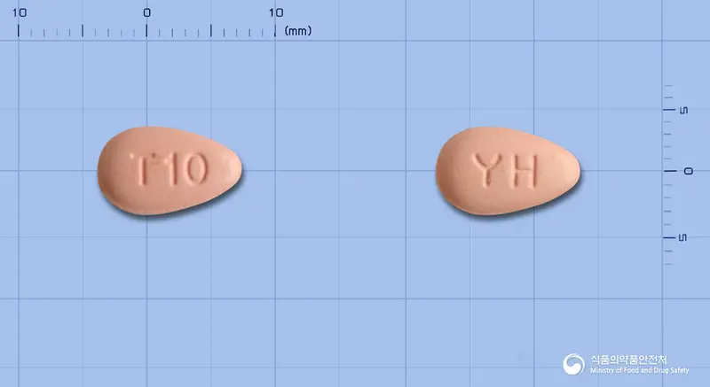 타다포스정10mg(타다라필) 앞뒤 사진 (분홍색 기타, 각인 T10 / YH)