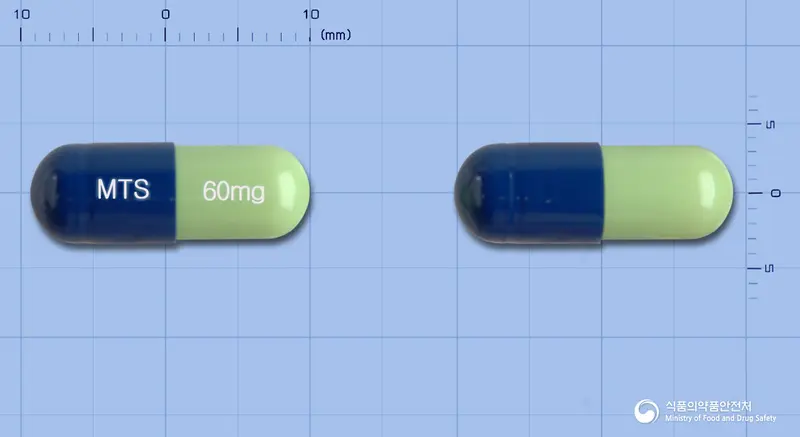 두울세틴캡슐60밀리그램(둘록세틴염산염) 앞뒤 사진 (파란색 캡슐, 각인 MTS 60mg)