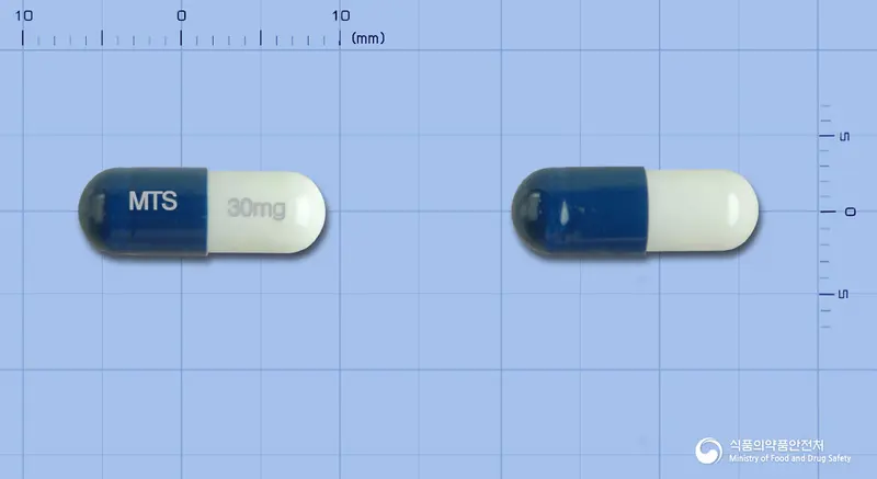 두울세틴캡슐30밀리그램(둘록세틴염산염) 앞뒤 사진 (파란색 캡슐, 각인 MTS 30mg)