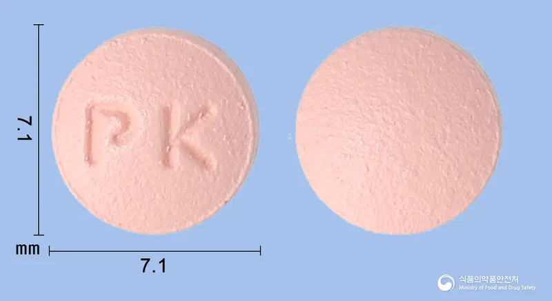록스바정10mg(로수바스타틴칼슘) 앞뒤 사진 (분홍색 원형, 각인 PK)