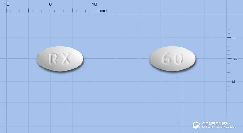 에비시펜정(라록시펜염산염) 앞뒤 사진 (흰색 타원형, 각인 RX / 60)