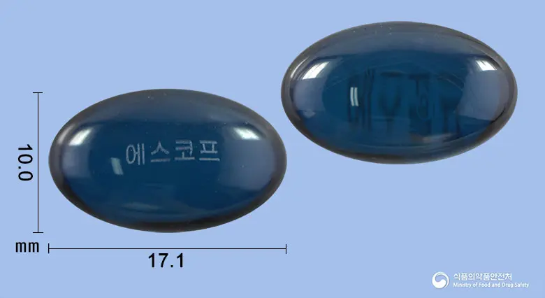 코리투살에스코프연질캡슐 앞뒤 사진 (파란색·투명 캡슐, 각인 에스코프)