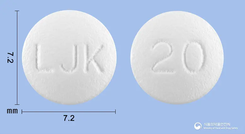 파티딘정20mg(파모티딘) 앞뒤 사진 (흰색 원형, 각인 LJK / 20)
