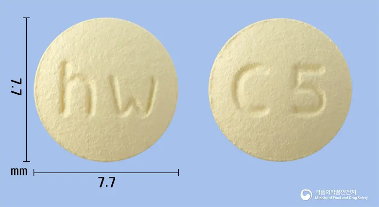 케어실정5mg(솔리페나신숙신산염) 앞뒤 사진 (노란색 원형, 각인 hw / C5)