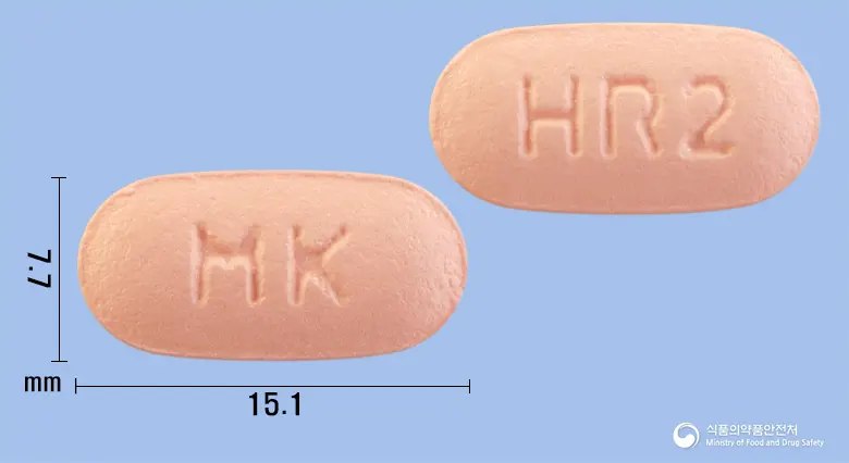 하이로텐정5/100밀리그램(암로디핀,로사르탄칼륨) 앞뒤 사진 (분홍색 타원형, 각인 MK / HR2)