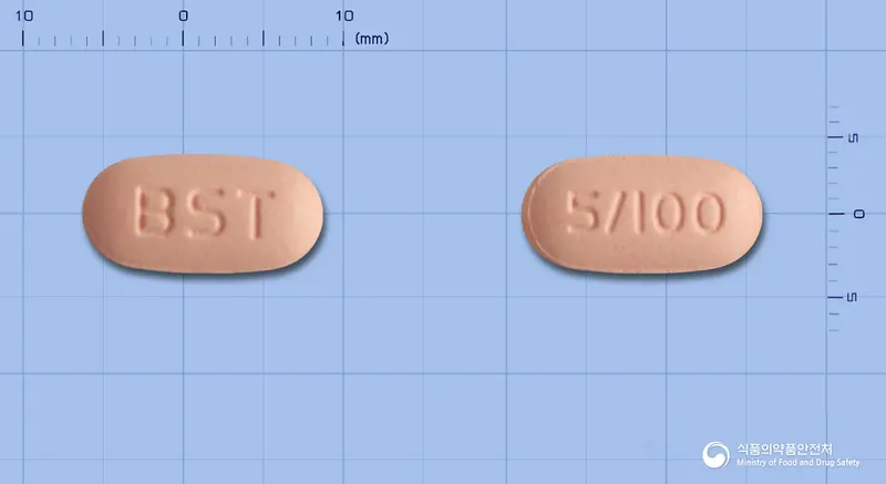 베아잘탄정5/100밀리그램 앞뒤 사진 (분홍색 장방형, 각인 BST / 5/100)