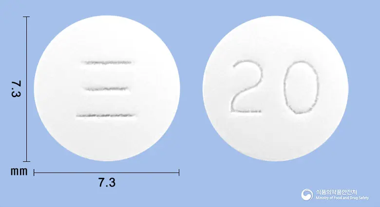 바로스타틴정20mg(아토르바스타틴칼슘삼수화물) 앞뒤 사진 (흰색 원형, 각인 20)