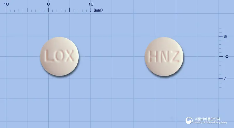 휴니즈록소프로펜나트륨수화물정 앞뒤 사진 (분홍색 원형, 각인 LOX / HNZ)