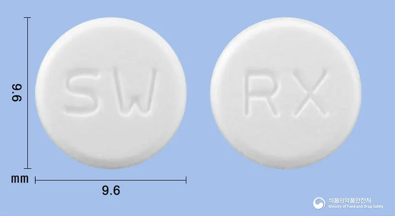 록소폰정(록소프로펜나트륨수화물) 앞뒤 사진 (흰색 원형, 각인 SW / RX)