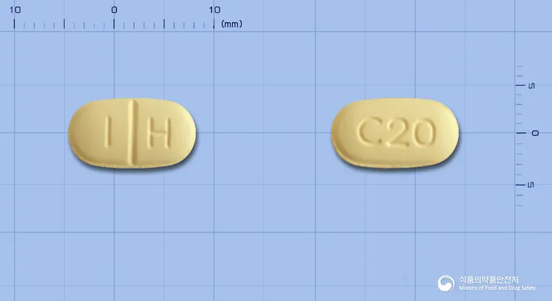 시알라필정20mg(타다라필) 앞뒤 사진 (노란색 타원형, 각인 I H / C20)