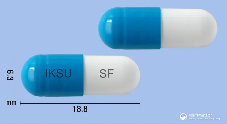 세파포스캡슐250밀리그램(세파클러수화물) 앞뒤 사진 (파란색 캡슐, 각인 IKSU SF)