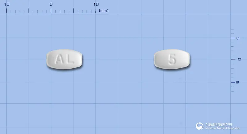 부스포론정5mg(부스피론염산염) 앞뒤 사진 (흰색 타원형, 각인 AL / 5)