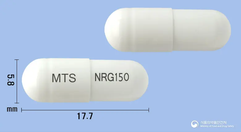 뉴로가발린캡슐150밀리그램(프레가발린) 앞뒤 사진 (흰색 캡슐, 각인 MTS NRG150)