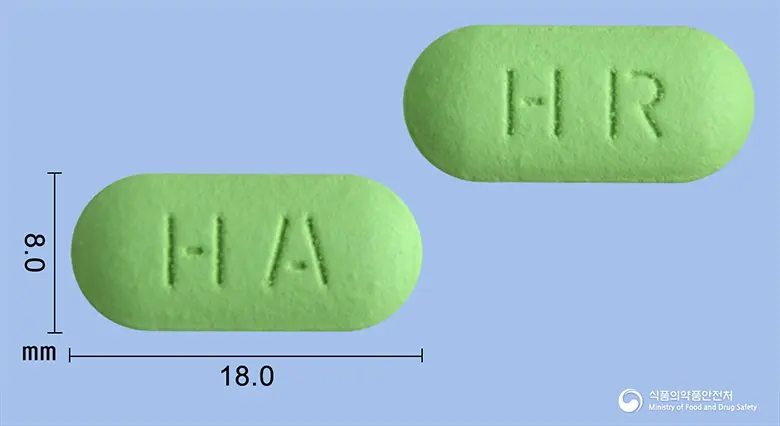 티옥타비아에이치알정600mg(티옥트산) 앞뒤 사진 (연두색 장방형, 각인 HA / HR)