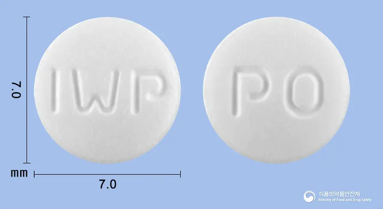 피오라정(피오글리타존염산염) 앞뒤 사진 (흰색 원형, 각인 IWP / PO)