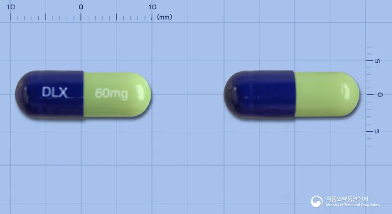 듀로센캡슐60밀리그램(둘록세틴염산염) 앞뒤 사진 (남색 캡슐, 각인 DLX 60mg)
