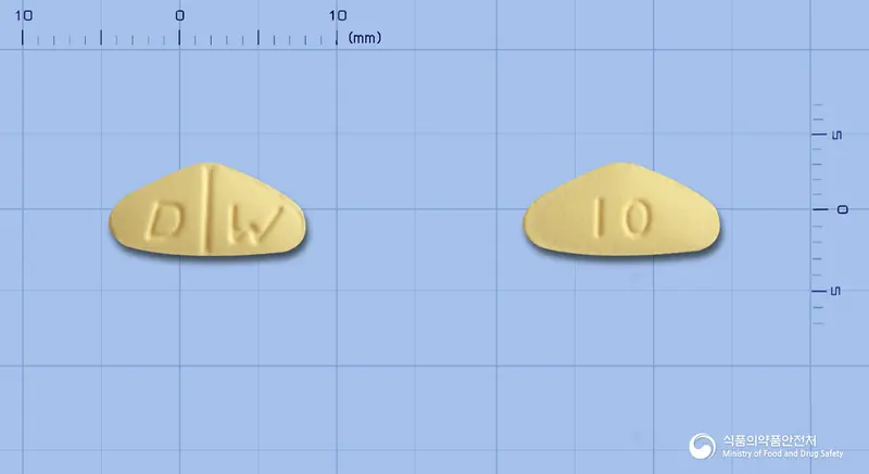 타오르정10밀리그램(타다라필) 앞뒤 사진 (노란색 삼각형, 각인 D W / 10)