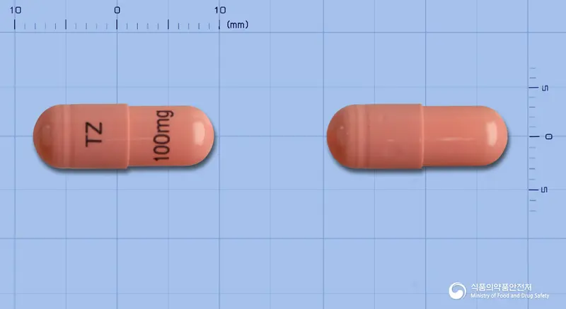 테모람캡슐100밀리그램(테모졸로미드) 앞뒤 사진 (분홍색 캡슐, 각인 TZ100mg)