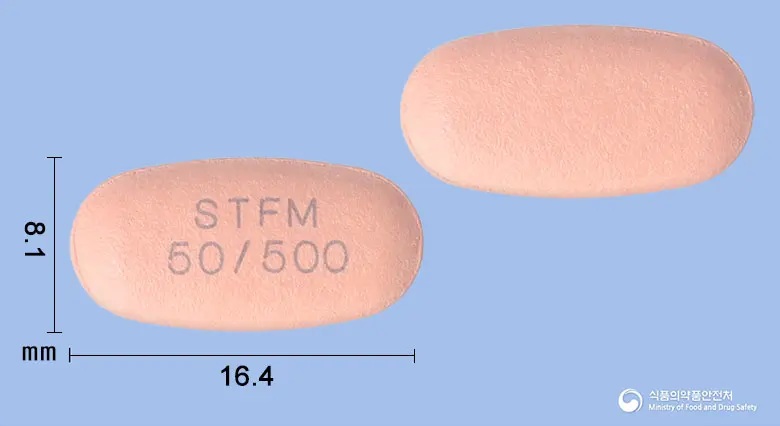 시타폴민정50/500밀리그램 앞뒤 사진 (분홍색 타원형, 각인 STFM50/500)
