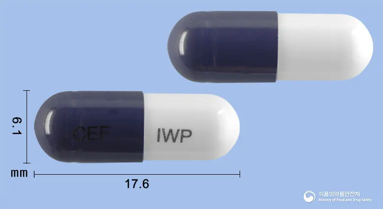 아이세프캡슐250밀리그램(세파클러수화물) 앞뒤 사진 (보라색 캡슐, 각인 CEF IWP)