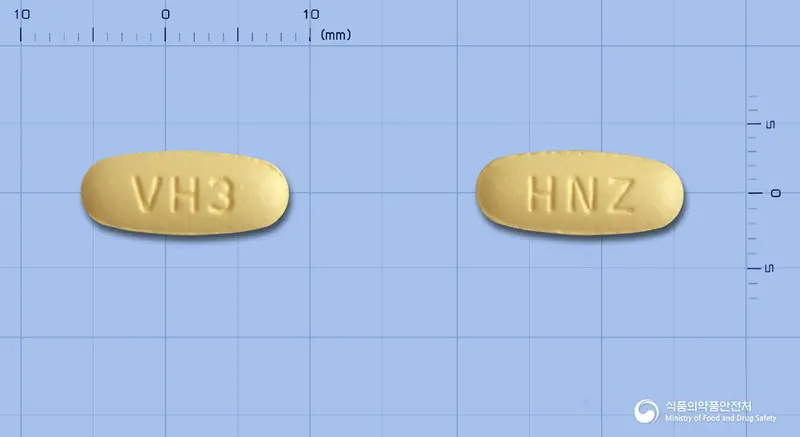 휴니즈발사르핀정10/160mg(암로디핀, 발사르탄) 앞뒤 사진 (노란색 타원형, 각인 VH3 / HNZ)