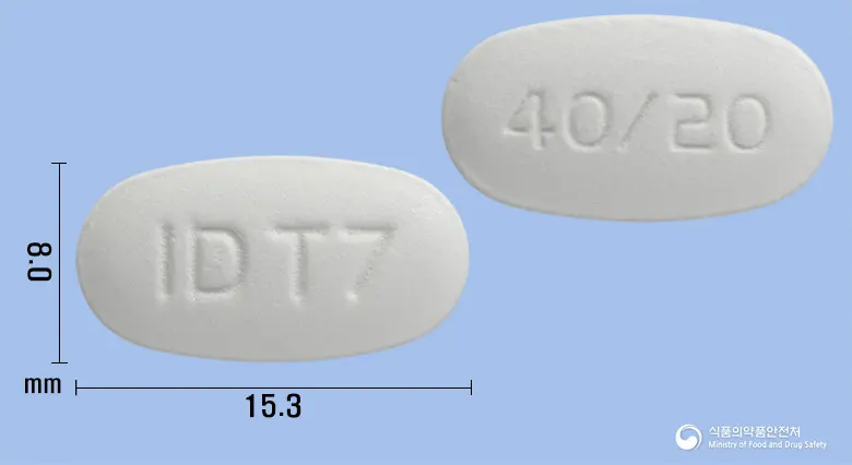 텔로스톱정40/20밀리그램 앞뒤 사진 (흰색 타원형, 각인 ID T7 / 40/20)