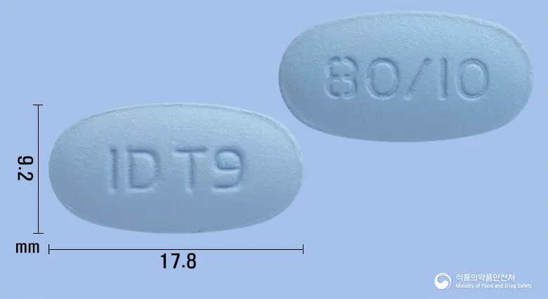 텔로스톱정80/10밀리그램 앞뒤 사진 (파란색 타원형, 각인 ID T9 / 80/10)