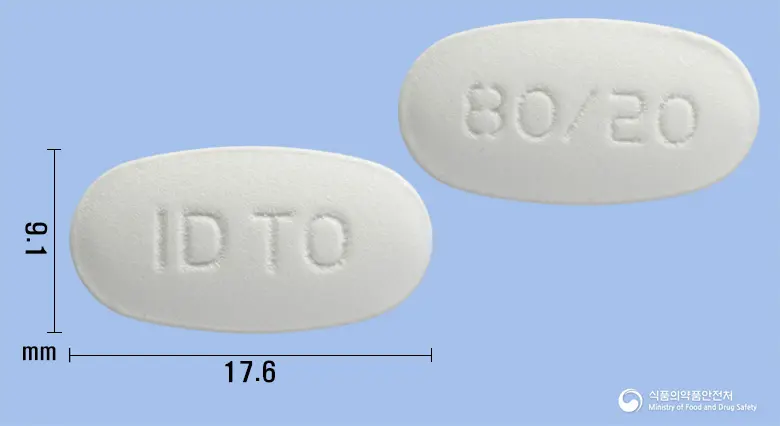 텔로스톱정80/20밀리그램 앞뒤 사진 (흰색 타원형, 각인 ID T0 / 80/20)